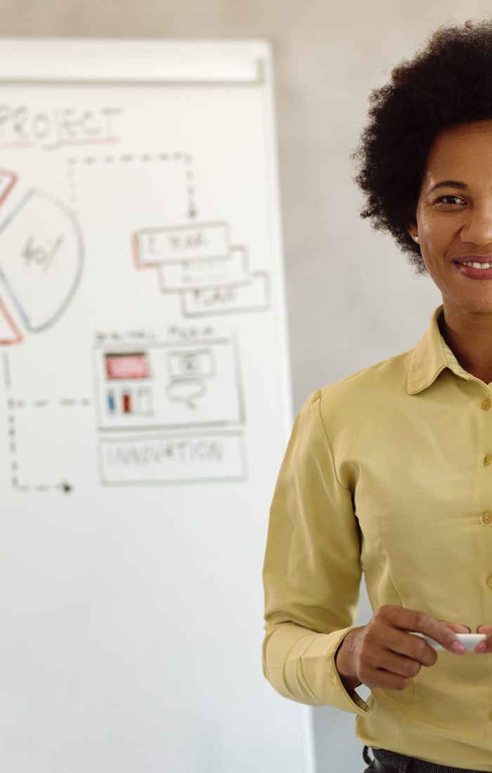 Happy African American female business leader giving a presentation and looking at camera.